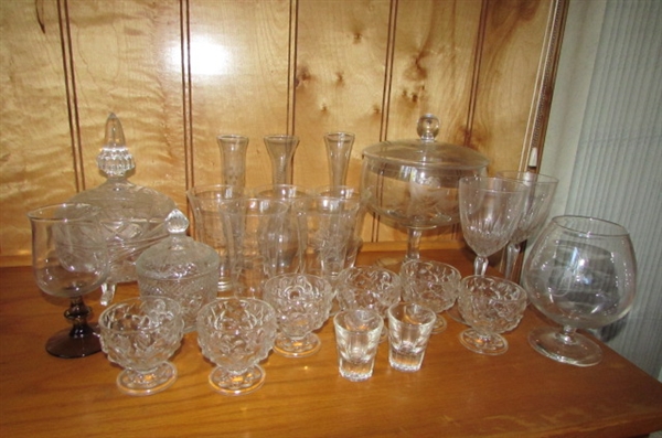 CRYSTAL STEMWARE, COVERED CANDY DISHES & ETCHED VASES