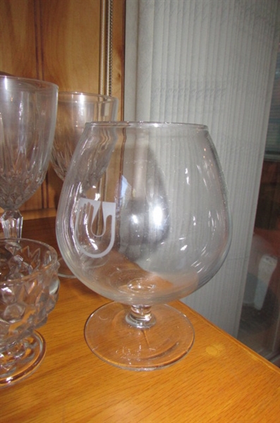 CRYSTAL STEMWARE, COVERED CANDY DISHES & ETCHED VASES