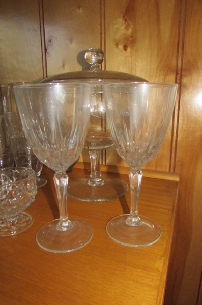 CRYSTAL STEMWARE, COVERED CANDY DISHES & ETCHED VASES