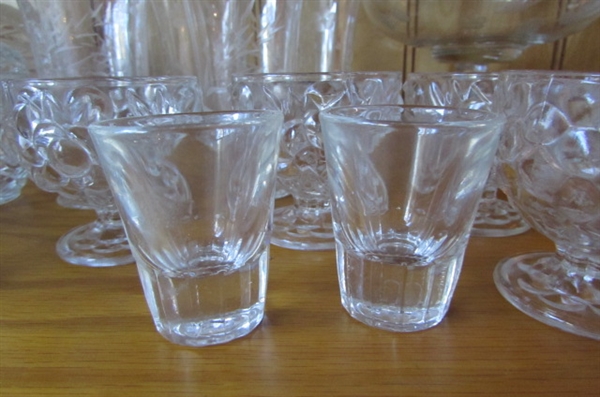 CRYSTAL STEMWARE, COVERED CANDY DISHES & ETCHED VASES