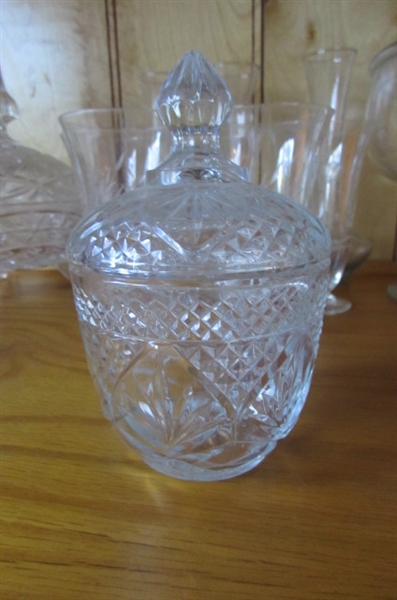 CRYSTAL STEMWARE, COVERED CANDY DISHES & ETCHED VASES