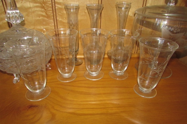 CRYSTAL STEMWARE, COVERED CANDY DISHES & ETCHED VASES