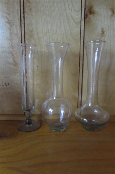 CRYSTAL STEMWARE, COVERED CANDY DISHES & ETCHED VASES