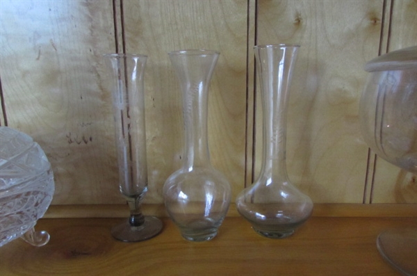 CRYSTAL STEMWARE, COVERED CANDY DISHES & ETCHED VASES