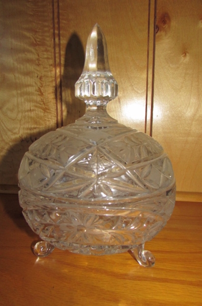CRYSTAL STEMWARE, COVERED CANDY DISHES & ETCHED VASES