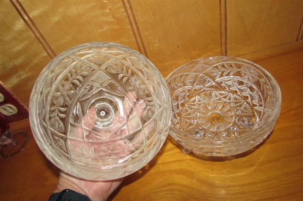 CRYSTAL STEMWARE, COVERED CANDY DISHES & ETCHED VASES
