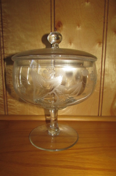 CRYSTAL STEMWARE, COVERED CANDY DISHES & ETCHED VASES