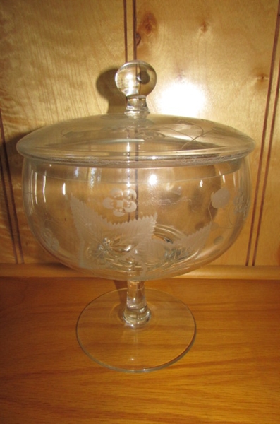 CRYSTAL STEMWARE, COVERED CANDY DISHES & ETCHED VASES