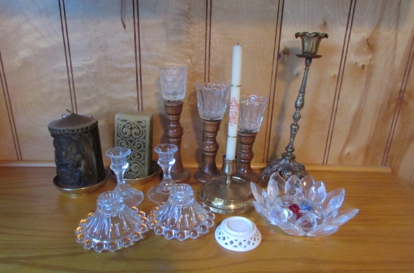 CRYSTAL/GLASS/BRASS & WOODEN CANDLE HOLDERS