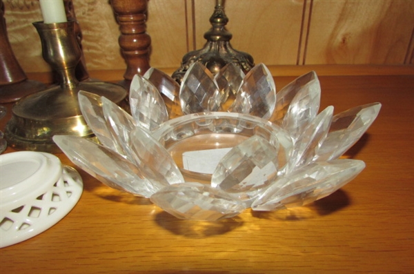 CRYSTAL/GLASS/BRASS & WOODEN CANDLE HOLDERS