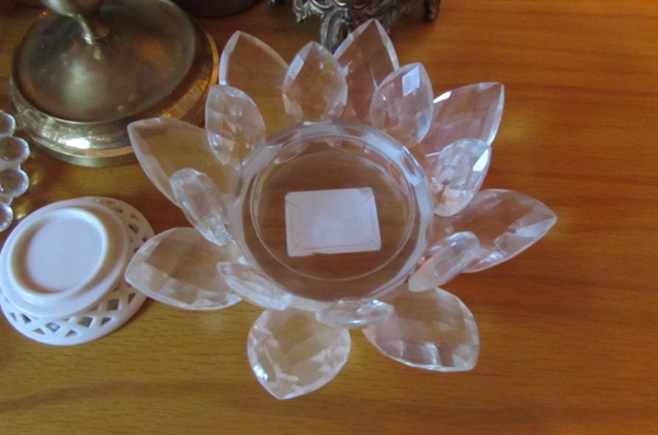 CRYSTAL/GLASS/BRASS & WOODEN CANDLE HOLDERS