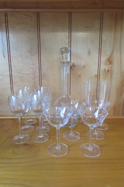 VINTAGE ETCHED CRYSTAL STEMWARE & DECANTER