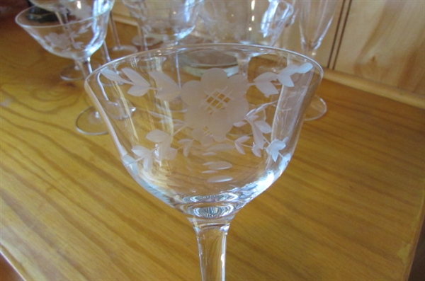 VINTAGE ETCHED CRYSTAL STEMWARE & DECANTER