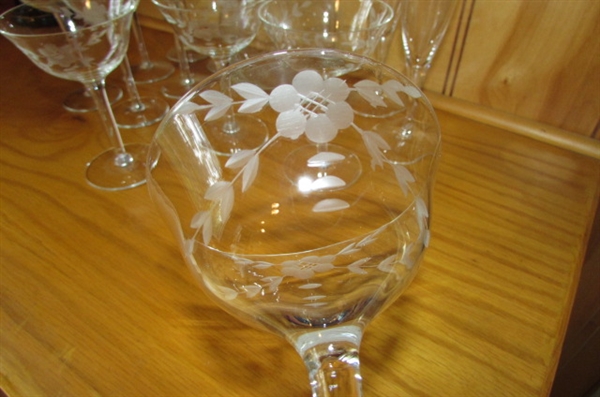VINTAGE ETCHED CRYSTAL STEMWARE & DECANTER