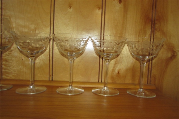 VINTAGE ETCHED CRYSTAL STEMWARE & DECANTER