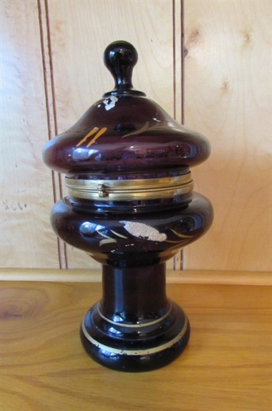 ANTIQUE AMETHYST HAND PAINTED ART GLASS LIQUOR CORDIAL SET