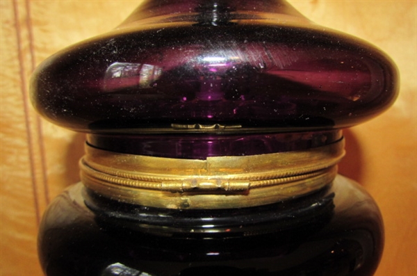 ANTIQUE AMETHYST HAND PAINTED ART GLASS LIQUOR CORDIAL SET