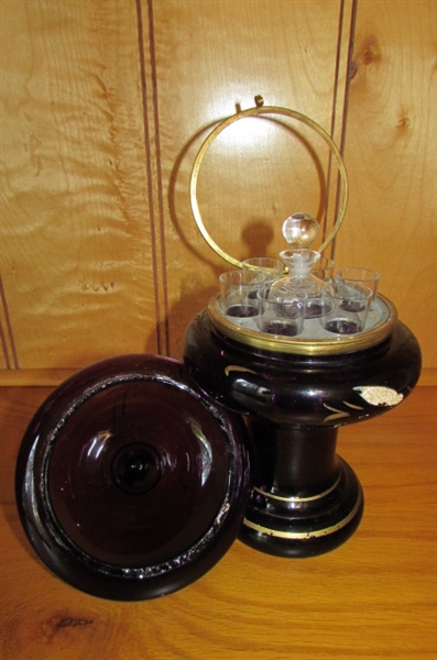 ANTIQUE AMETHYST HAND PAINTED ART GLASS LIQUOR CORDIAL SET