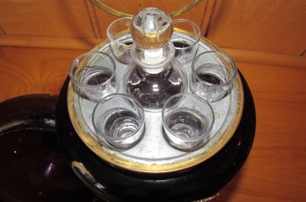 ANTIQUE AMETHYST HAND PAINTED ART GLASS LIQUOR CORDIAL SET