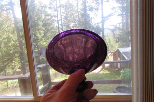 ANTIQUE AMETHYST HAND PAINTED ART GLASS LIQUOR CORDIAL SET