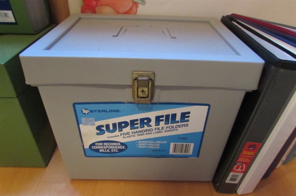 FILE BOXES, 3-RING BINDERS & VINTAGE LABEL MAKER