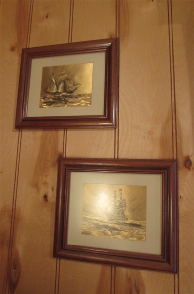PAIR OF SMALL GOLD FOIL SAILING SHIPS WALL ART