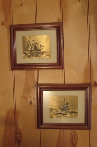 PAIR OF SMALL GOLD FOIL SAILING SHIPS WALL ART