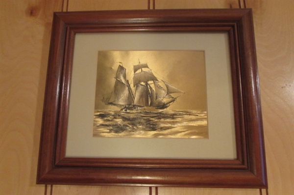 PAIR OF SMALL GOLD FOIL SAILING SHIPS WALL ART