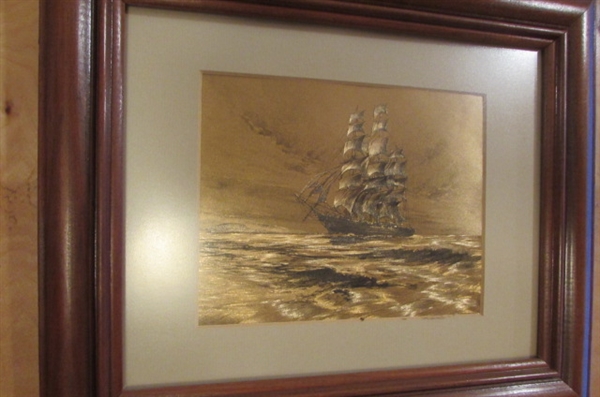 PAIR OF SMALL GOLD FOIL SAILING SHIPS WALL ART