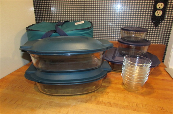 PYREX PORTABLES & PYREX CASSEROLES WITH LIDS & CUSTARD CUPS