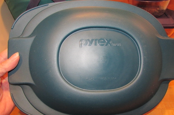 PYREX PORTABLES & PYREX CASSEROLES WITH LIDS & CUSTARD CUPS