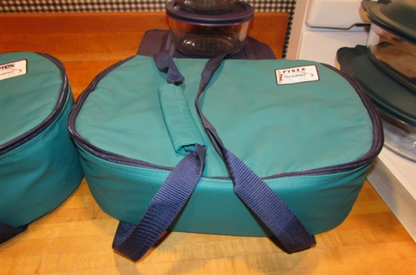 PYREX PORTABLES & PYREX CASSEROLES WITH LIDS & CUSTARD CUPS