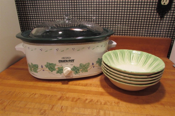 RIVAL OVAL CROCK POT & VINTAGE STONEWARE SOUP BOWLS