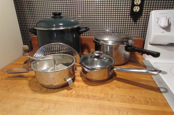 MEGAWARE 9 QT STOCK POT, PRESTO PRESSURE COOKER, FOLEY FOOD MILL & 1 QT WEAREVER POT