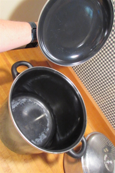 MEGAWARE 9 QT STOCK POT, PRESTO PRESSURE COOKER, FOLEY FOOD MILL & 1 QT WEAREVER POT