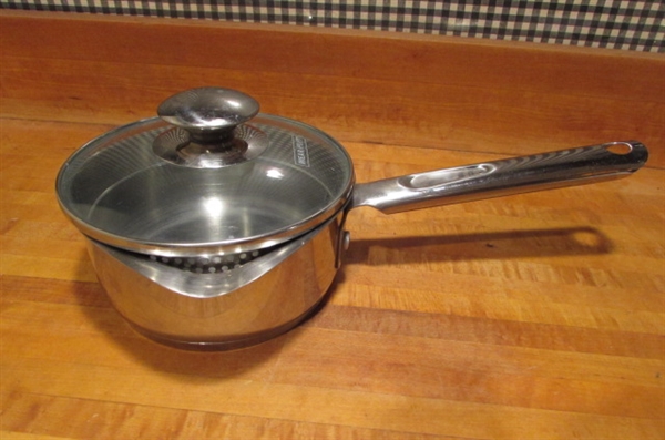 MEGAWARE 9 QT STOCK POT, PRESTO PRESSURE COOKER, FOLEY FOOD MILL & 1 QT WEAREVER POT