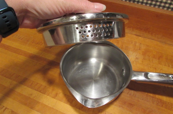 MEGAWARE 9 QT STOCK POT, PRESTO PRESSURE COOKER, FOLEY FOOD MILL & 1 QT WEAREVER POT
