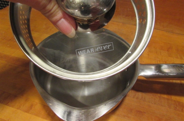 MEGAWARE 9 QT STOCK POT, PRESTO PRESSURE COOKER, FOLEY FOOD MILL & 1 QT WEAREVER POT