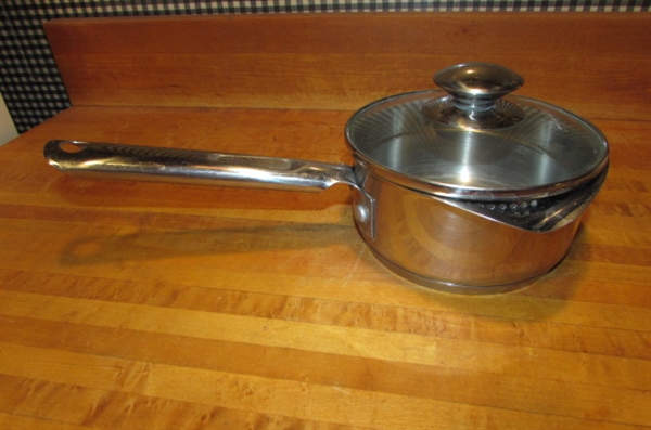 MEGAWARE 9 QT STOCK POT, PRESTO PRESSURE COOKER, FOLEY FOOD MILL & 1 QT WEAREVER POT