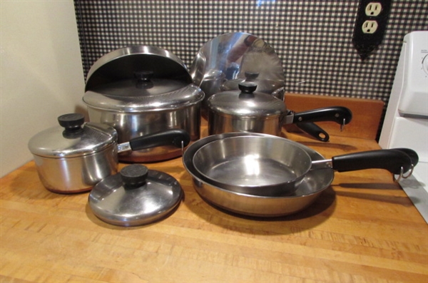 VINTAGE REVERE WARE COPPER BOTTOM POTS & PANS & A PIZZA SPATULA/LIFTER