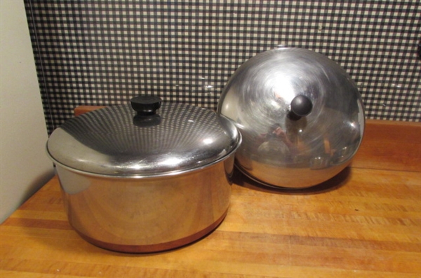 VINTAGE REVERE WARE COPPER BOTTOM POTS & PANS & A PIZZA SPATULA/LIFTER
