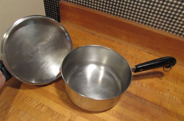 VINTAGE REVERE WARE COPPER BOTTOM POTS & PANS & A PIZZA SPATULA/LIFTER