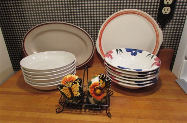 STONEWARE BOWLS & PLATTERS & BUTTERFLY SALT & PEPPER SHAKERS.