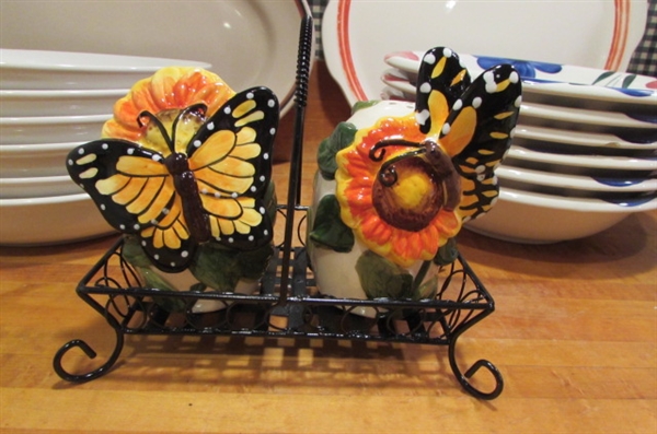 STONEWARE BOWLS & PLATTERS & BUTTERFLY SALT & PEPPER SHAKERS.