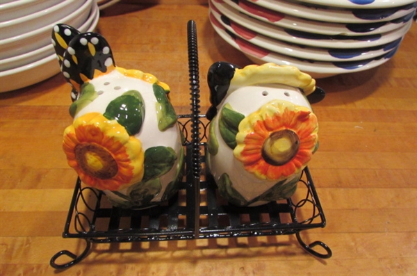 STONEWARE BOWLS & PLATTERS & BUTTERFLY SALT & PEPPER SHAKERS.