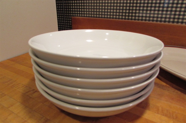 STONEWARE BOWLS & PLATTERS & BUTTERFLY SALT & PEPPER SHAKERS.