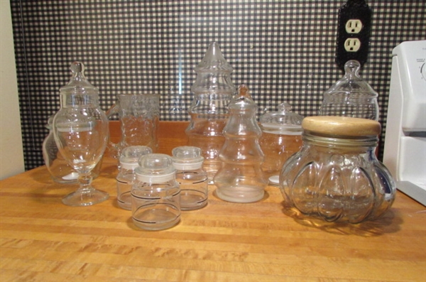 ASSORTED GLASS CANDY & CANDLE JARS & COWBOY BOOT MUG