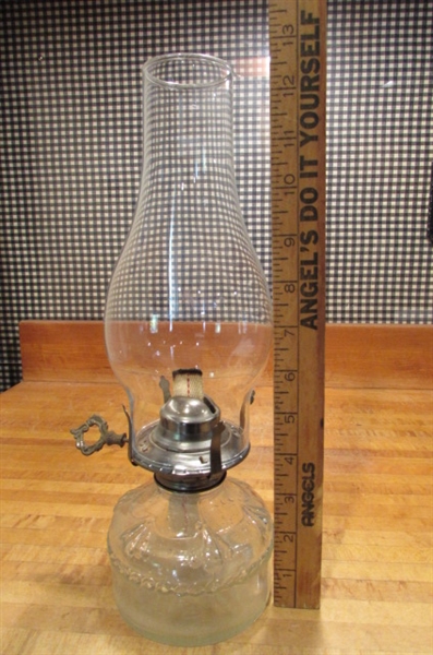 2 VINTAGE OIL LAMPS & BOTTLE OF LAMP OIL
