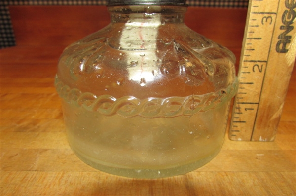 2 VINTAGE OIL LAMPS & BOTTLE OF LAMP OIL