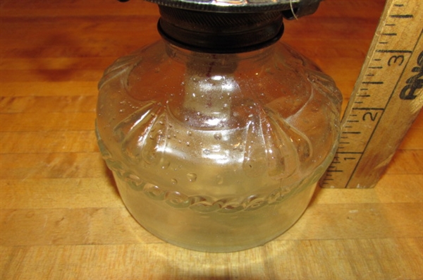 2 VINTAGE OIL LAMPS & BOTTLE OF LAMP OIL